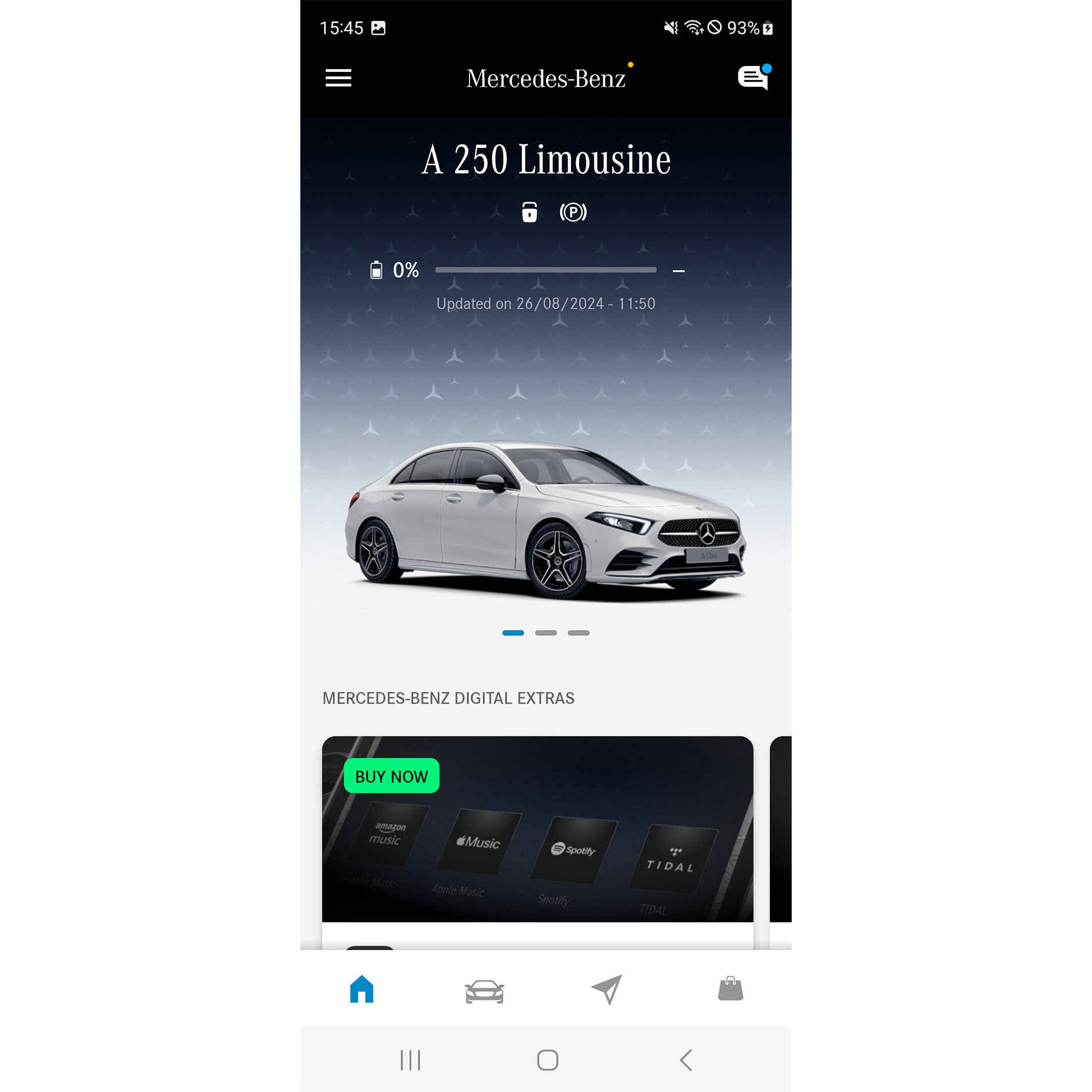 Aplicații Mercede-Benz | Aplicații | Mercedes-Benz Pe un smartphone sunt afișate în meniul aplicației Mercedes-Benz funcțiile disponibile ale extraopțiunilor digitale Navigație, Remote și Guard vehicle.