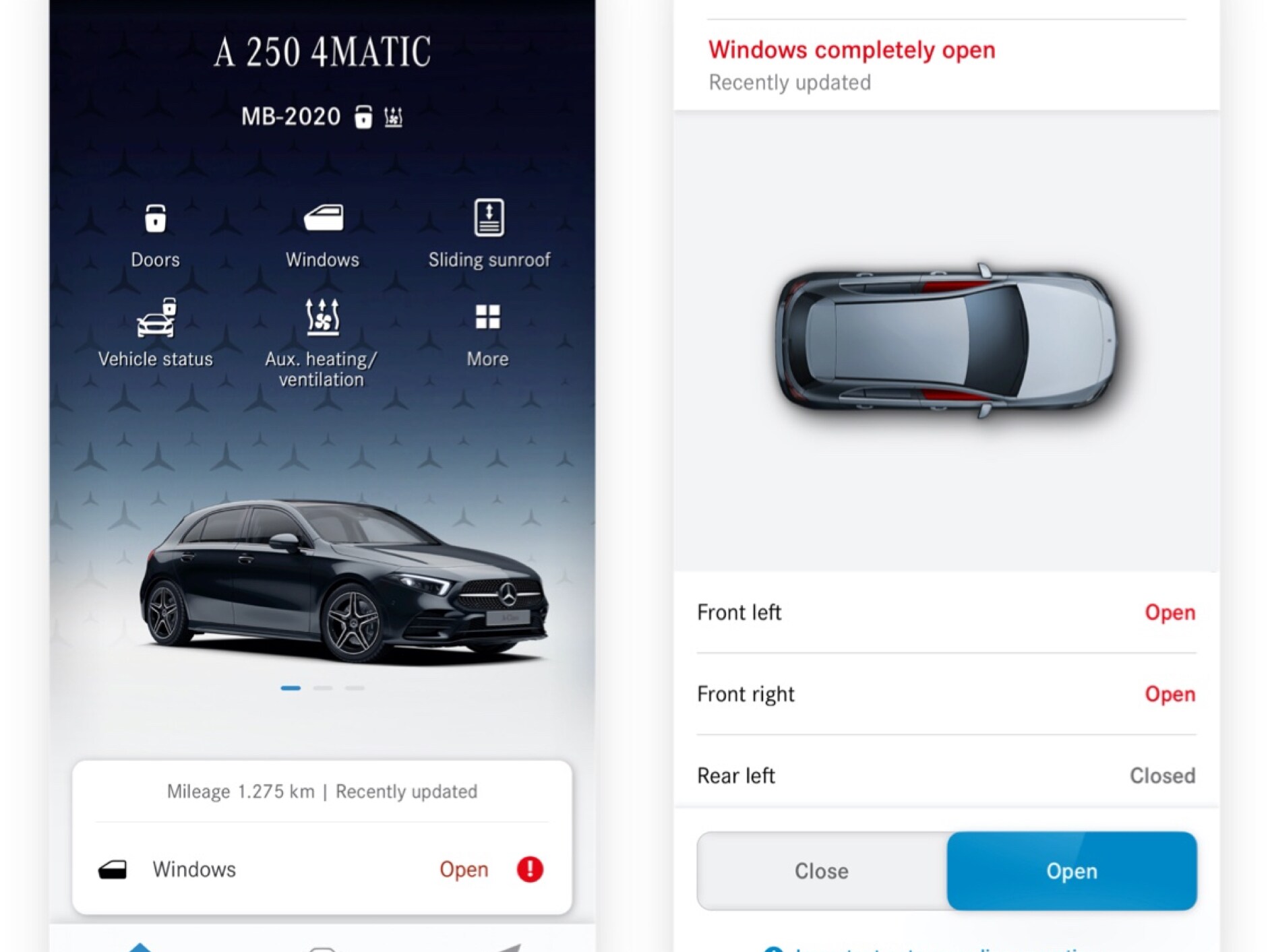 Un smartphone afișează diferitele ecrane care se afișează atunci când extraopțiunea digitală Închiderea/deschiderea de la distanță a geamurilor laterale constată că geamurile nu sunt închise.