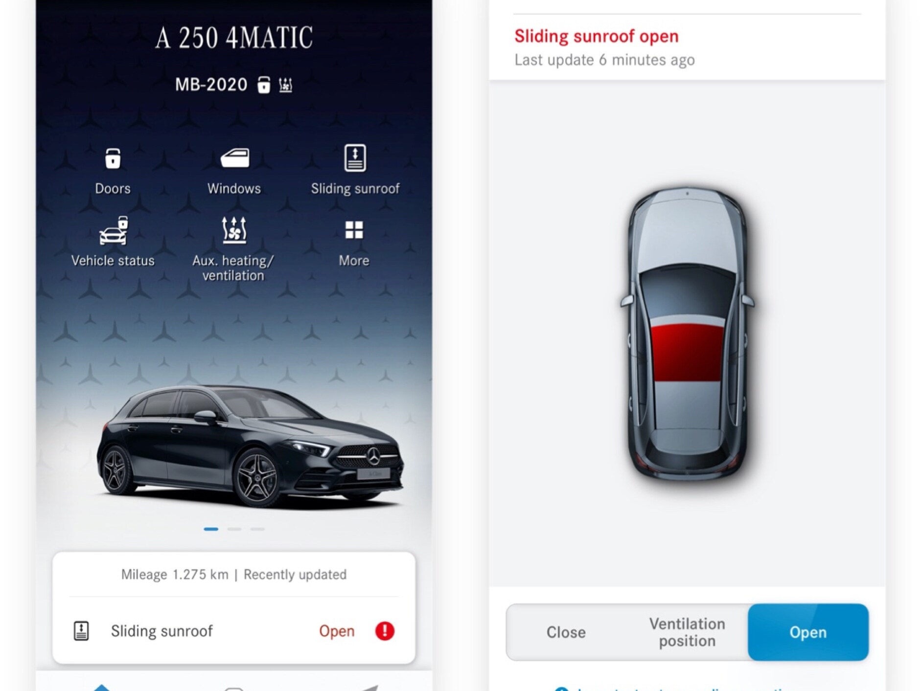 Un smartphone afișează diferitele ecrane care se afișează atunci când extraopțiunea digitală Închiderea/deschiderea de la distanță a geamurilor laterale și a trapei culisante constată că trapa nu este închisă.