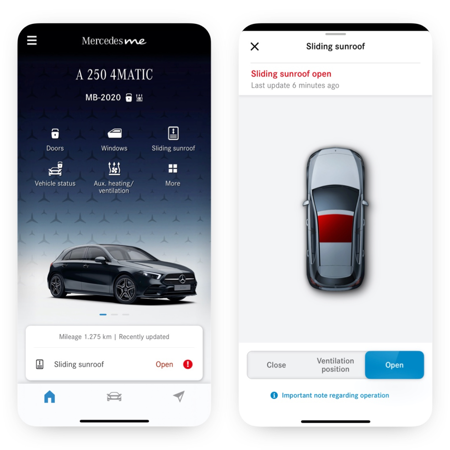Închiderea/deschiderea de la distanță a geamurilor laterale și a trapei culisante | Pachet Excellence | Mercedes-Benz Un smartphone afișează diferitele ecrane care se afișează atunci când extraopțiunea digitală Închiderea/deschiderea de la distanță a geamurilor laterale și a trapei culisante constată că trapa nu este închisă.