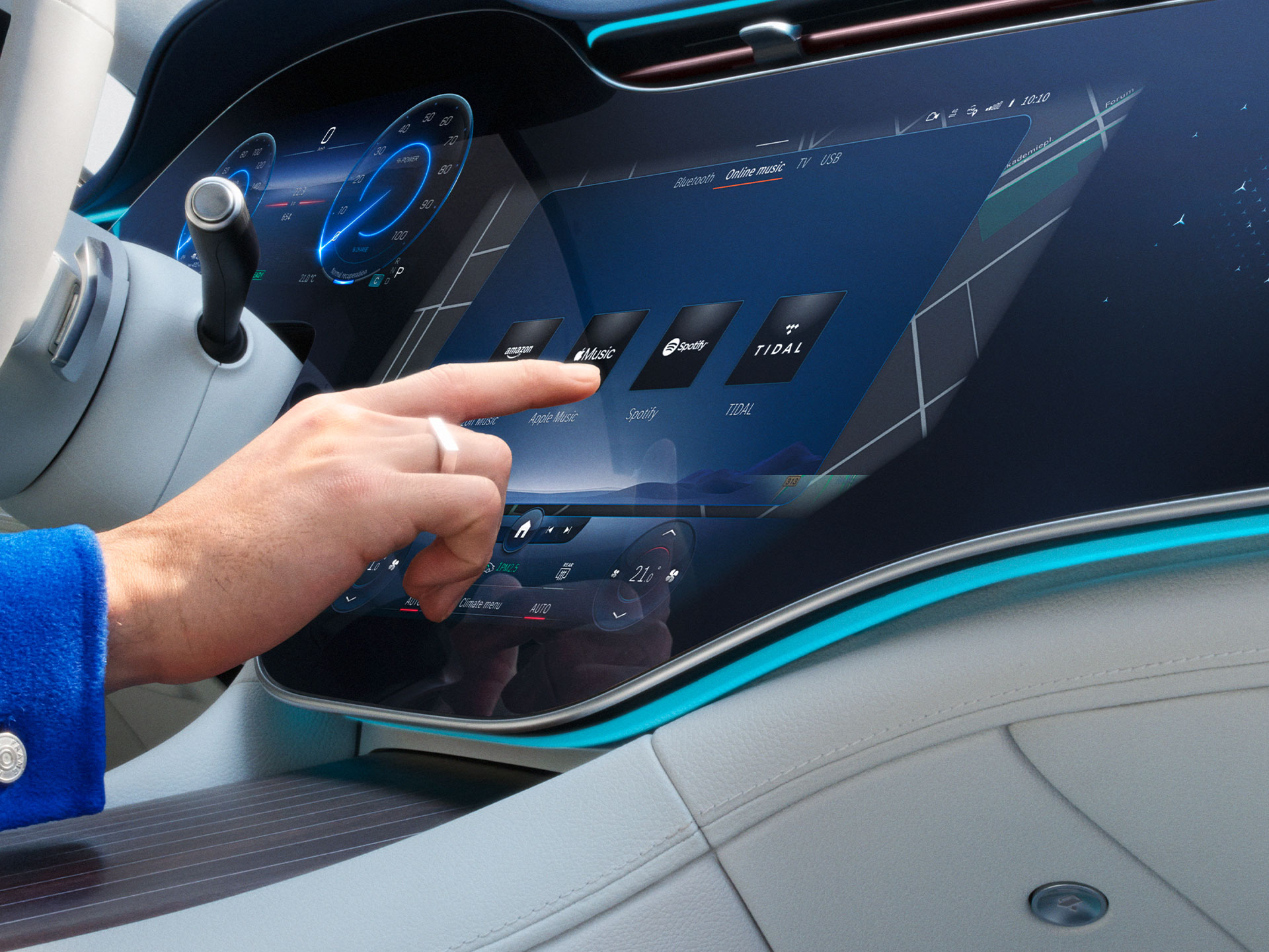 Mai multe Extraopțiuni digitale | Multimedia și divertisment | Mercedes-Benz Pe ecranul sistemului multimedia MBUX dintr-un Mercedes-Benz sunt selectate Extraopțiuni digitale.