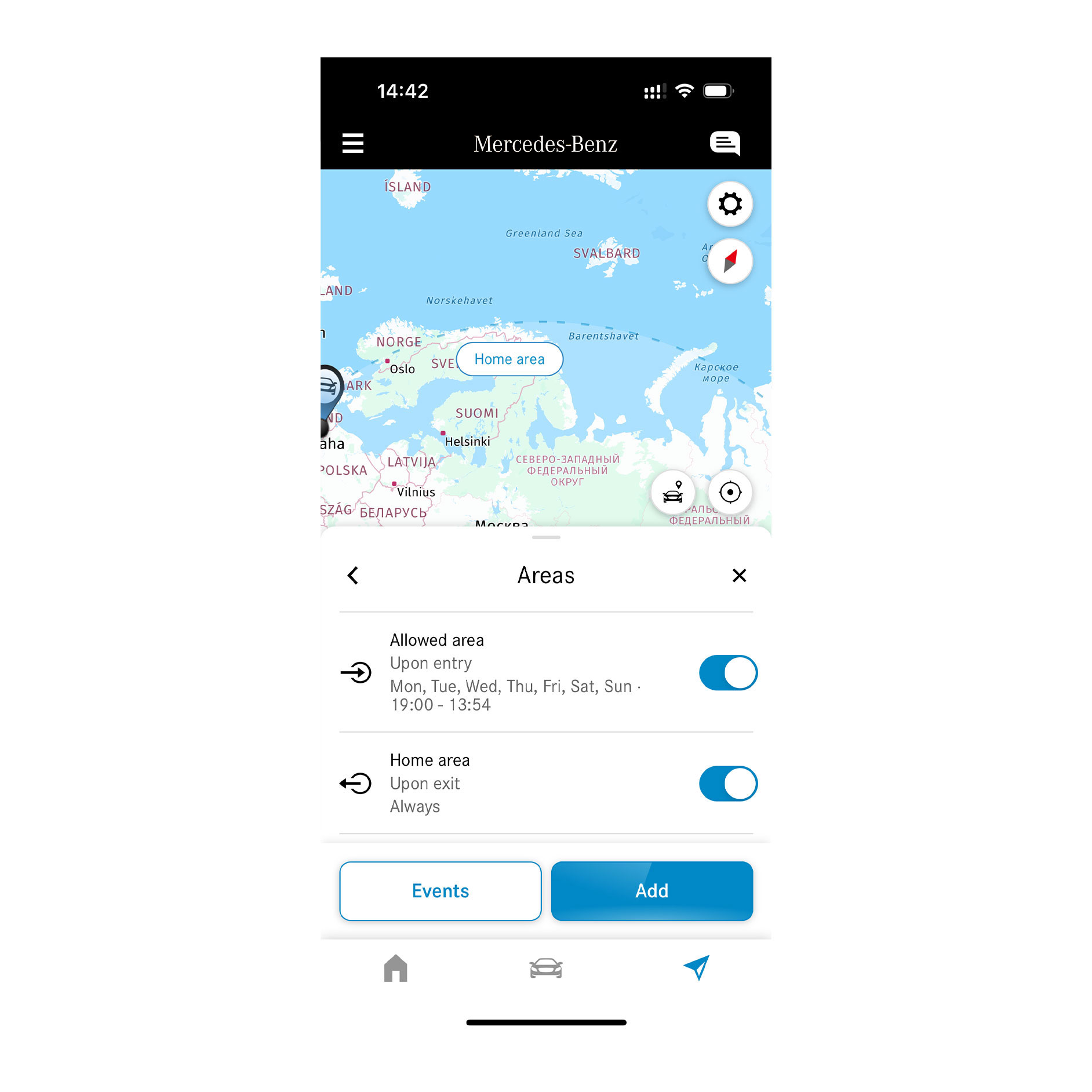 Monitorizarea geografică a autovehiculului | Remote | Mercedes-Benz Datorită extraopțiunii digitale Monitorizarea geografică a autovehiculului, pe un smartphone este afișat dacă un autovehicul se deplasează în interiorul sau în exteriorul unei zone predefinite.