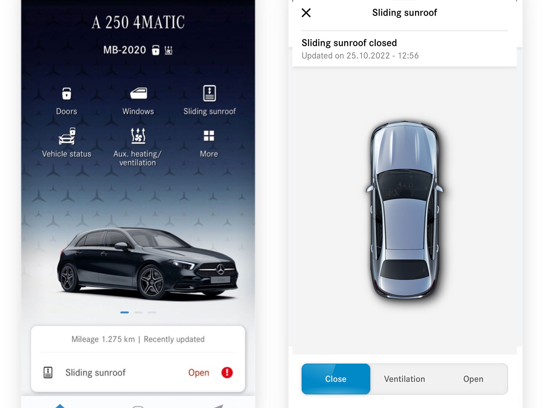 Un smartphone afișează diferitele ecrane care se afișează atunci când extraopțiunea digitală Închiderea/deschiderea de la distanță a geamurilor laterale și a trapei culisante constată că trapa nu este închisă.