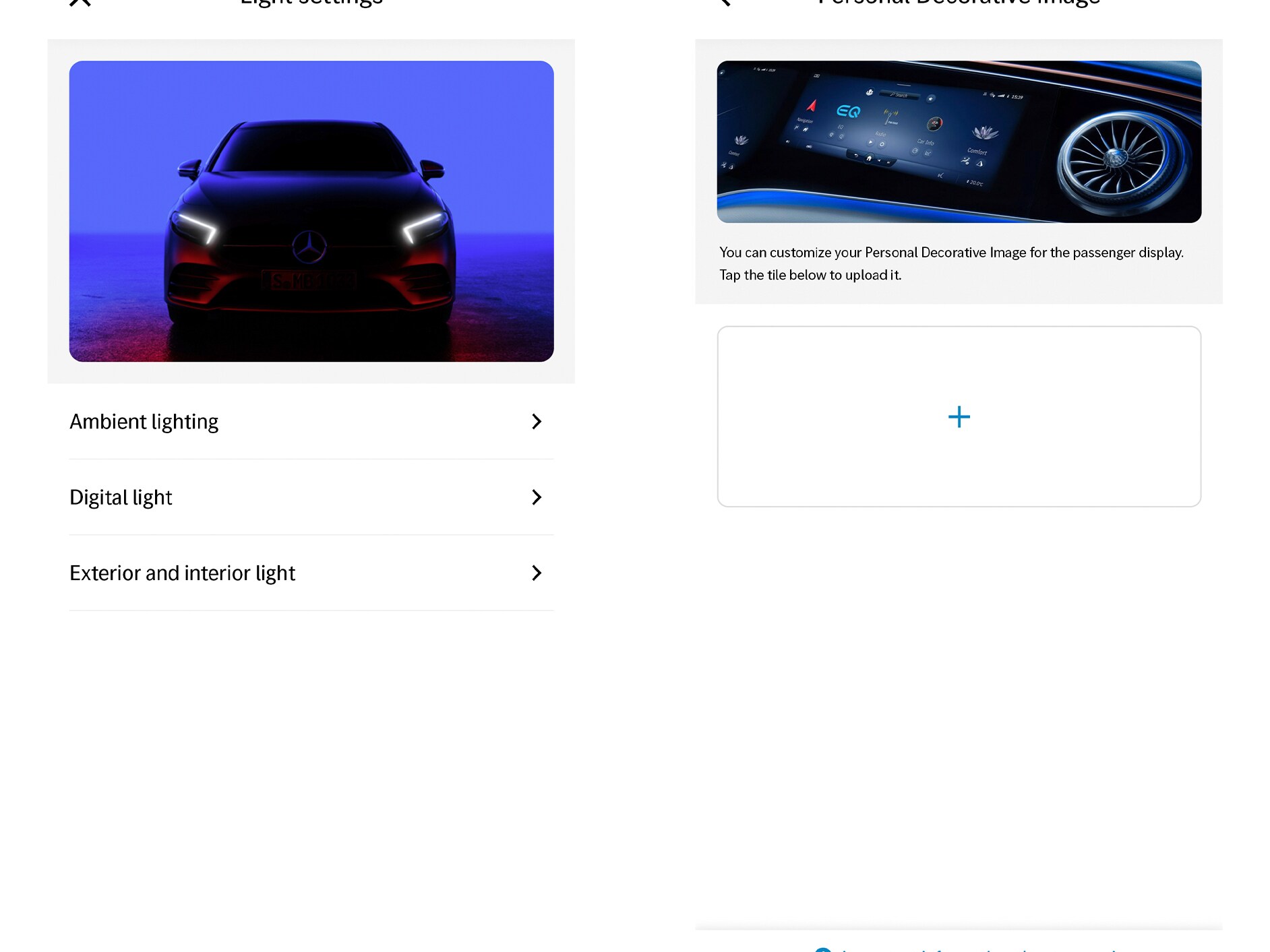 Display-ul sistemului multimedia MBUX afișează extraopțiunea digitală Personalizare.