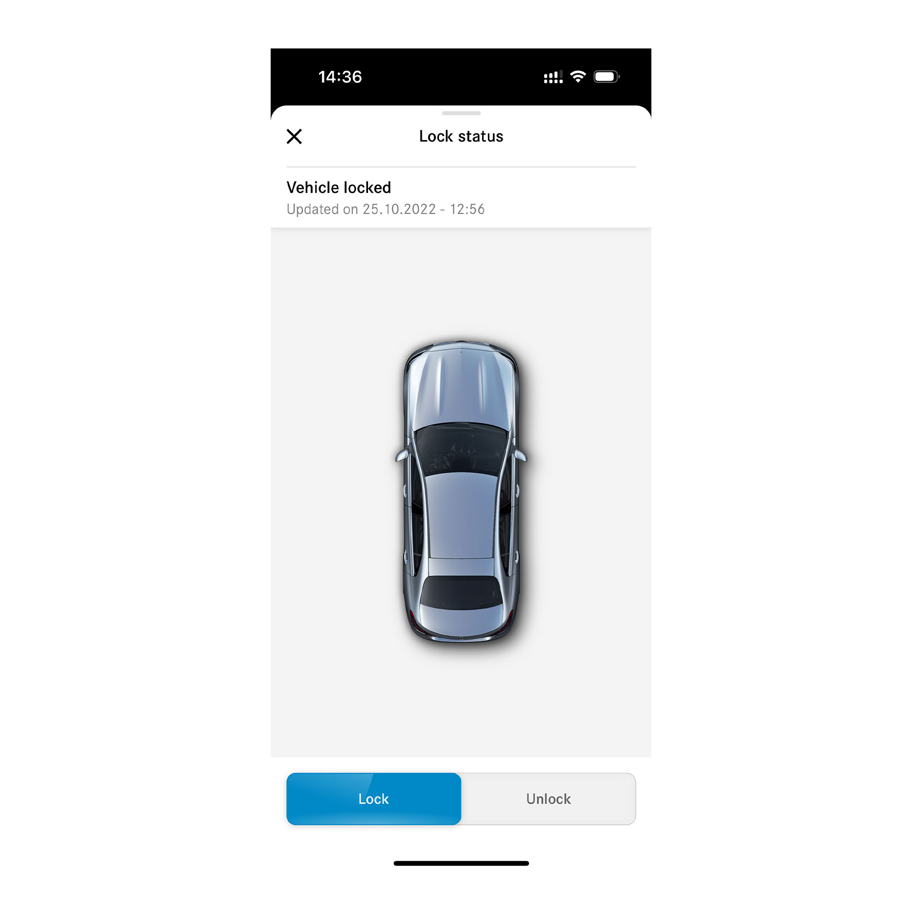 Blocarea și deblocarea ușilor de la distanță | Remote | Mercedes-Benz Pe un smartphone poate fi văzut un ecran care se afișează atunci când extraopțiunea digitală Blocarea și deblocarea ușilor de la distanță constată că sunt încuiate toate ușile.