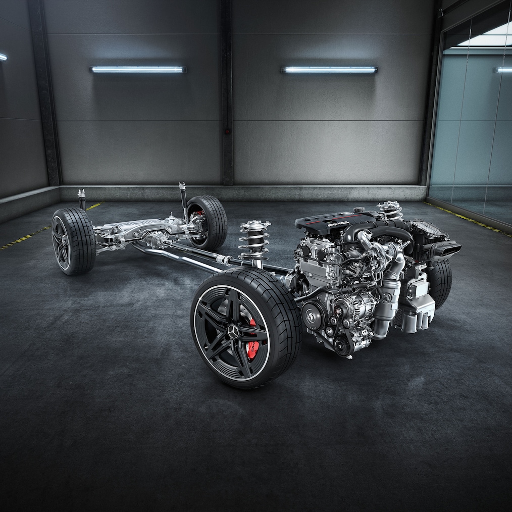 Șasiul cu grup motopropulsor al modelului Mercedes-AMG A 35 4MATIC sau A 45 S 4MATIC+.