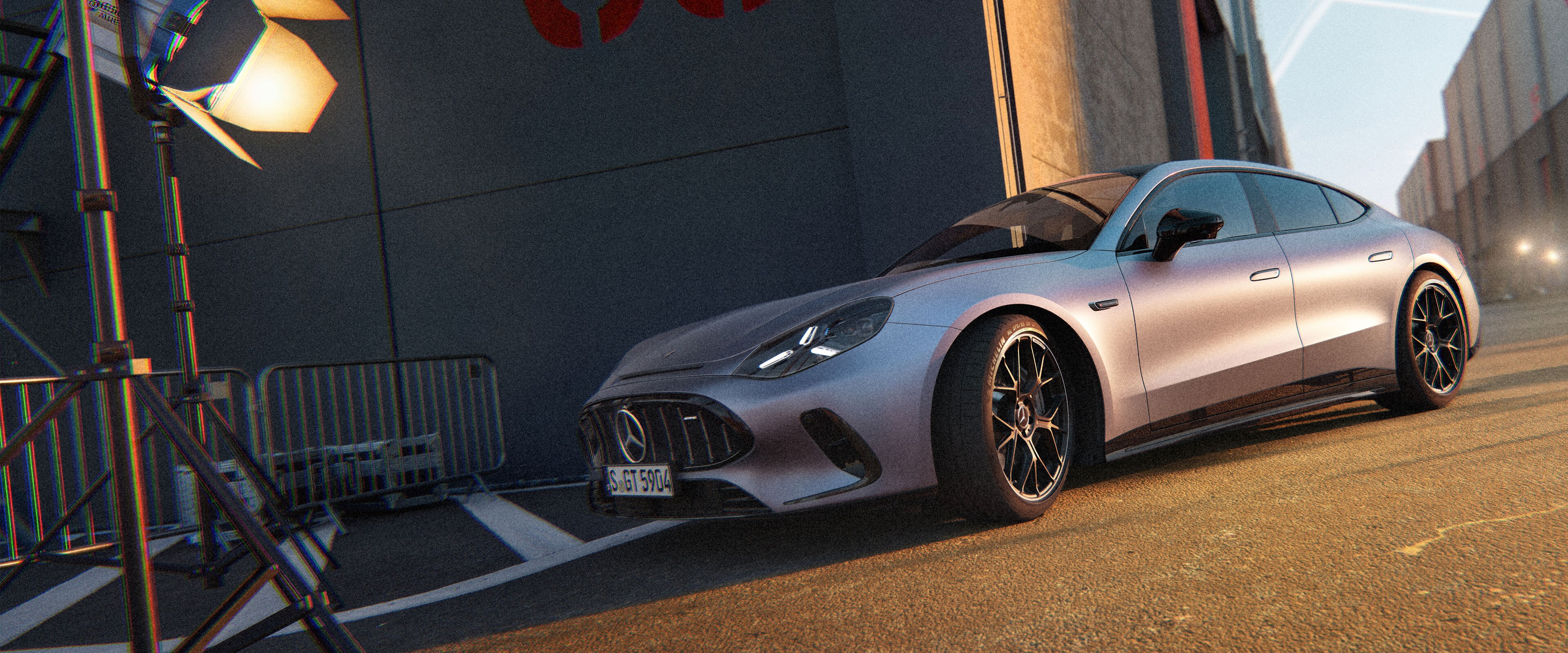Modelul Mercedes-AMG GT 53 Coupé cu 4 uși.