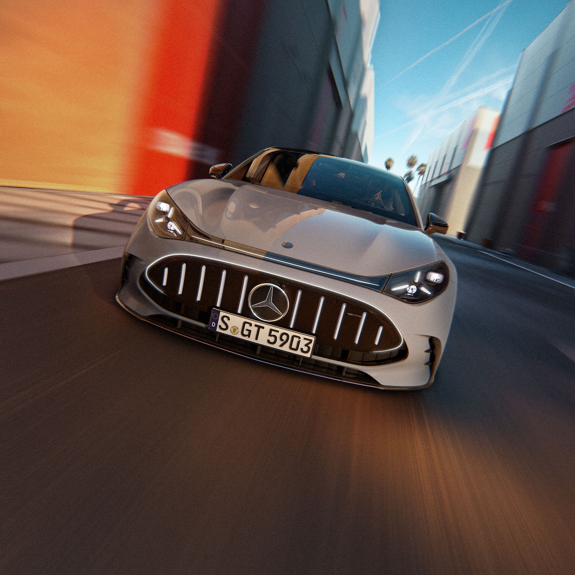 O perspectivă frontală a modelului GT Coupé cu 4 uși de la Mercedes-AMG.