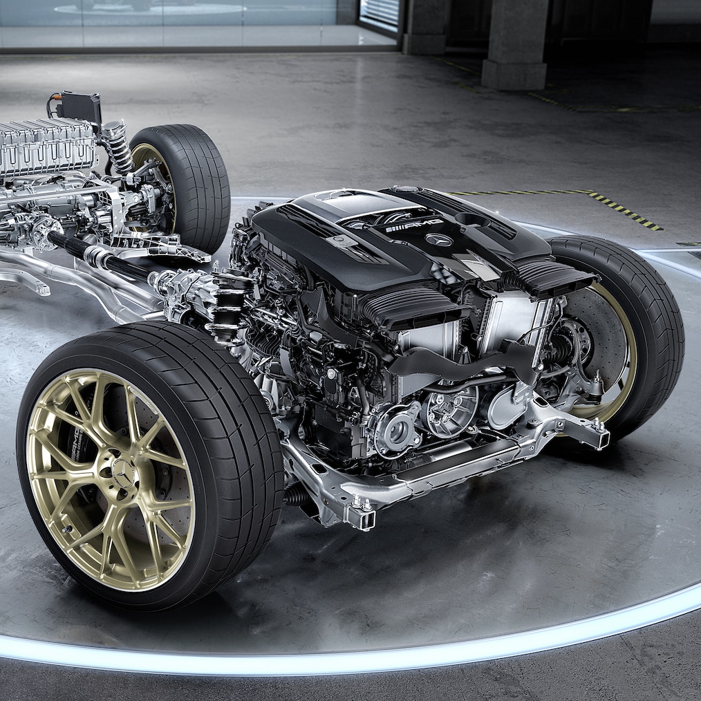 Grupul motopropulsor al modelului Mercedes-AMG GT 63 S E PERFORMANCE Coupé.