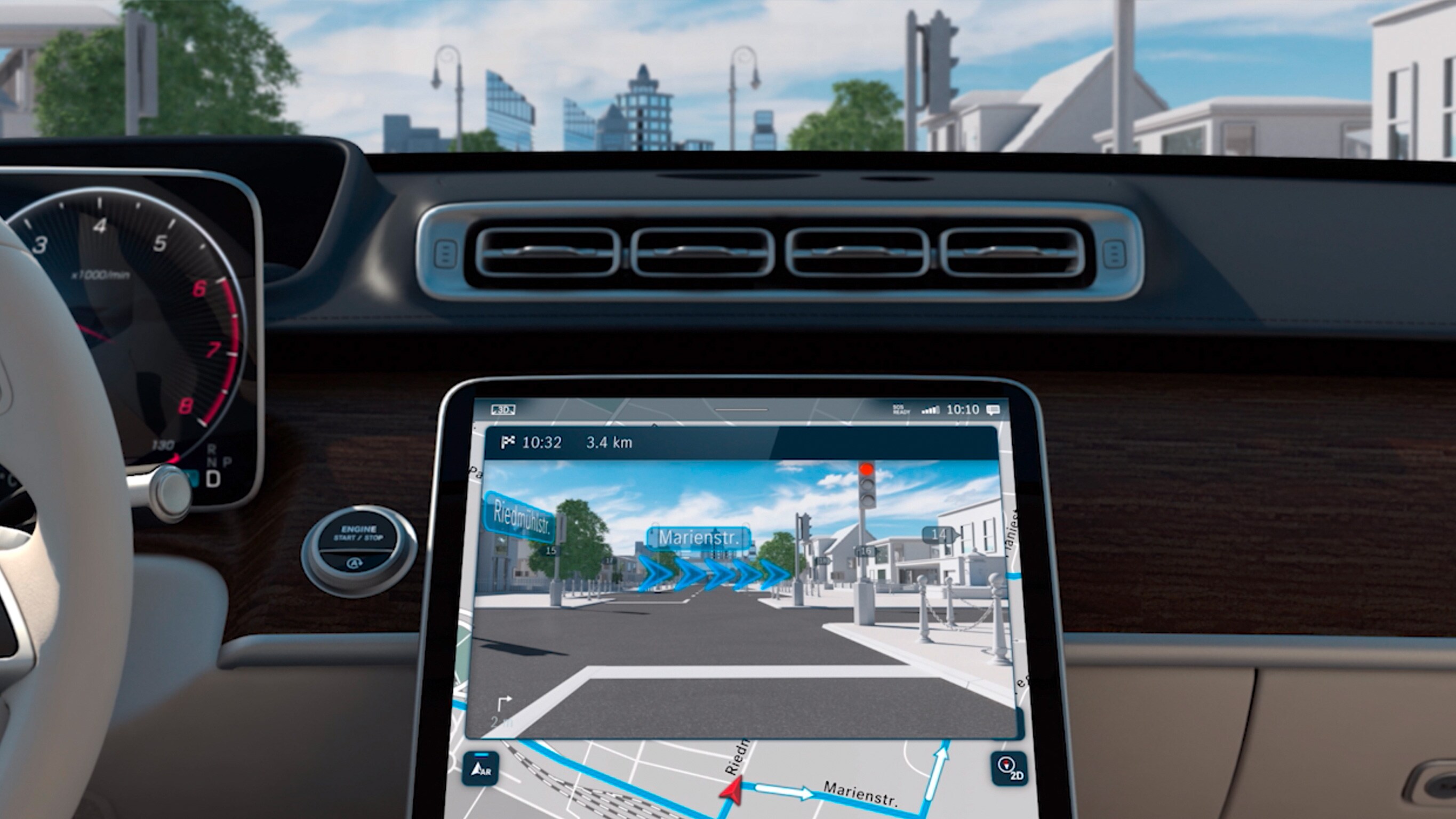 Videoclipul prezintă realitatea augmentată MBUX pentru sistemul de navigație.