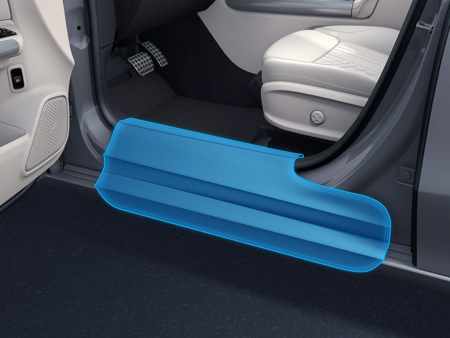 Protecția la urcare cu ușa deschisă într-o reprezentare detaliată în combinație cu un autovehicul adaptat persoanelor cu dizabilități.