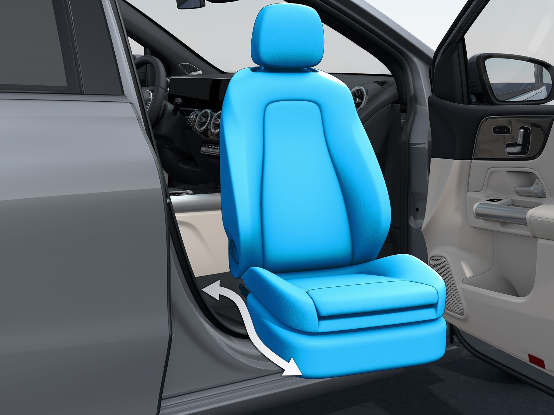 O ușă însoțitor deschisă a unui autovehicul adaptat persoanelor cu dizabilități cu scaun rabatabil cu deplasare pe verticală Turny-Evo.