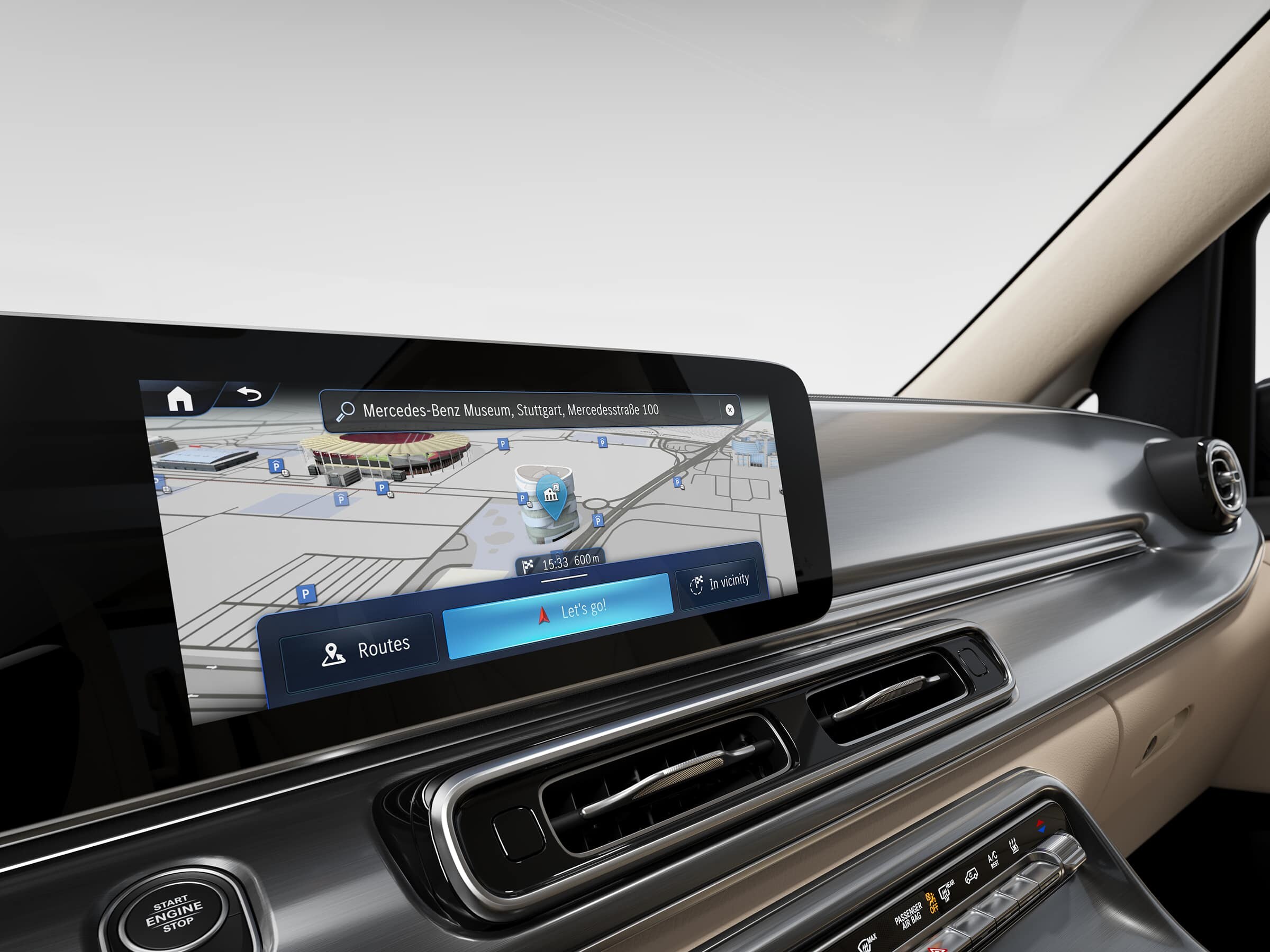 Cockpitul modelului Mercedes-Benz Marco Polo HORIZON cu MBUX Infotainment și integrare smartphone.