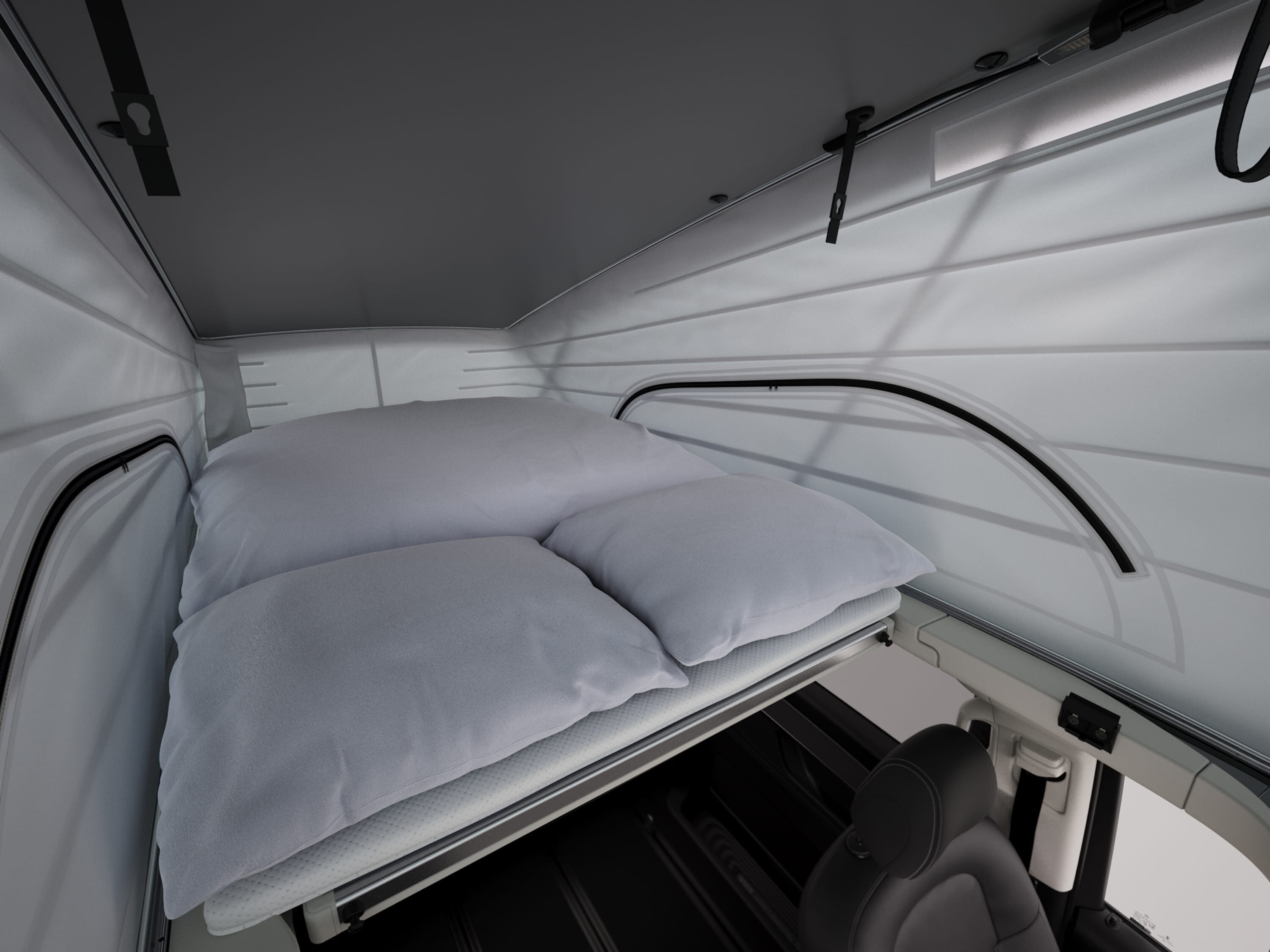 Zonă de dormit a modelului Mercedes-Benz Marco Polo HORIZON, cu pat confortabil în interiorul plafonului mobil.