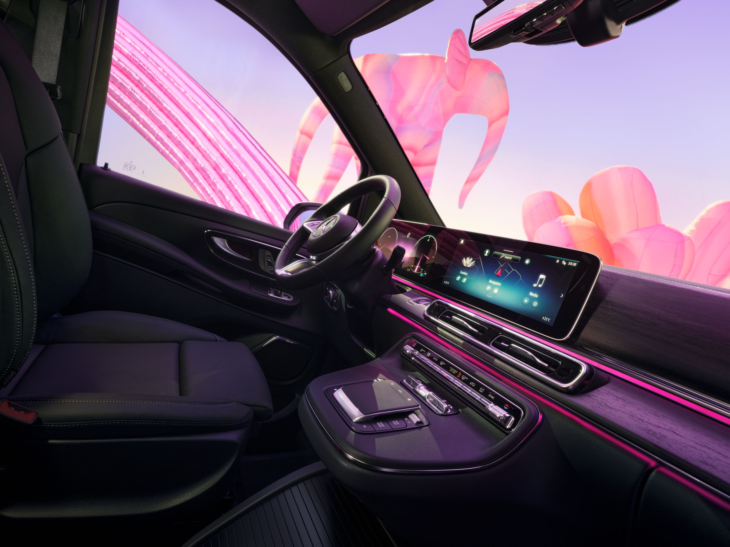 Conectivitate | Clasa V | Modele Mercedes-Benz Vans Ilustrația arată funcționarea intuitivă a afișajului media cu touchscreen de la bordul autovehiculelor Mercedes-Benz.