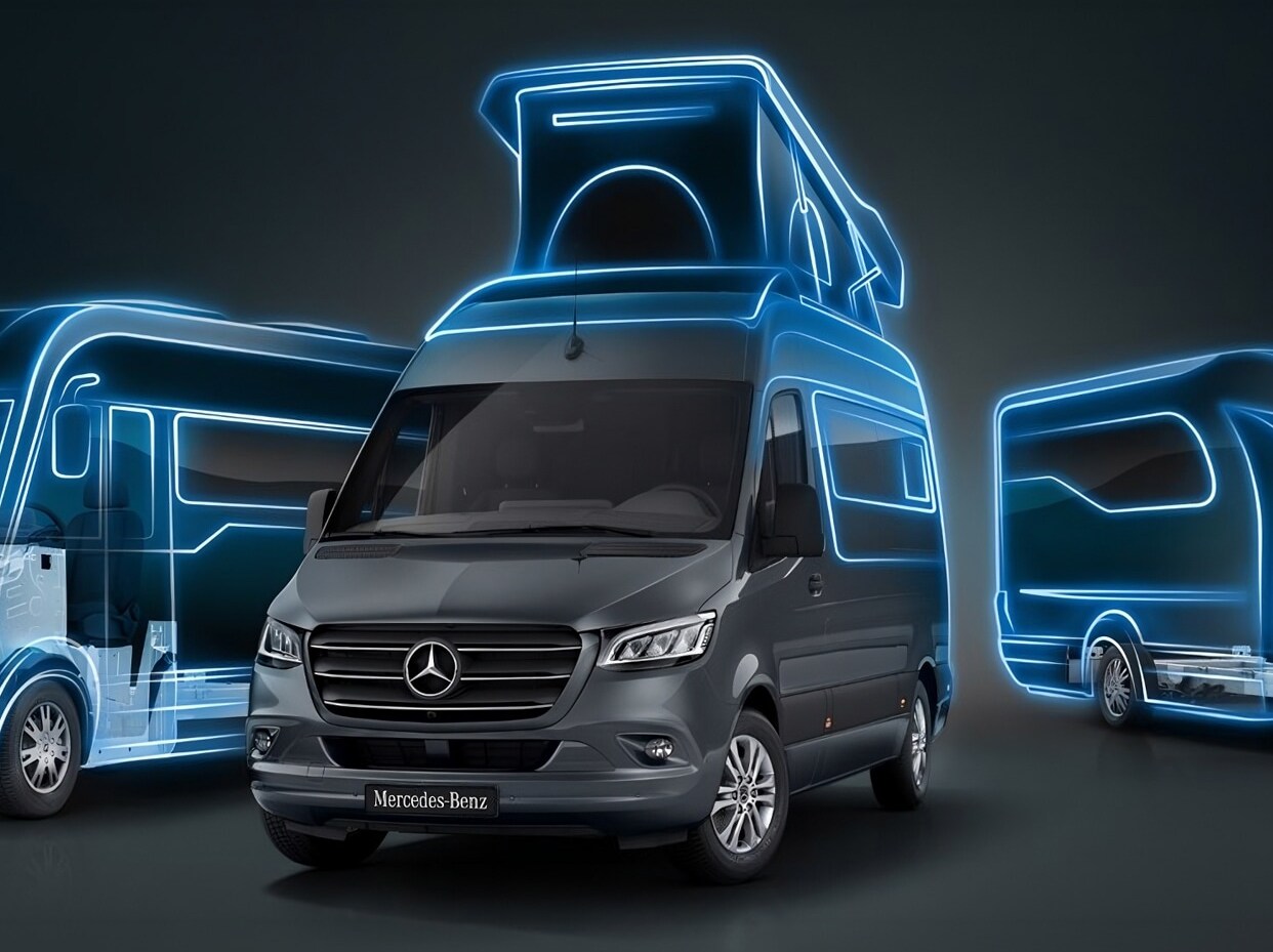 Mercedes-Benz Sprinter Camper parcat într-un loc pitoresc, lângă un râu.