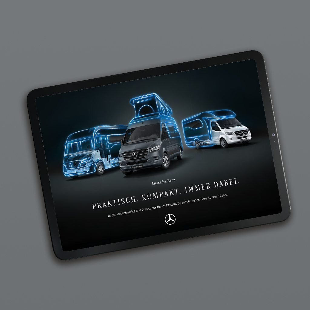 Autorulote Sprinter pe o tabletă | Autorulote Sprinter | Mercedes-Benz O tabletă ilustrând broșura digitală cu autorulote Mercedes-Benz Sprinter.