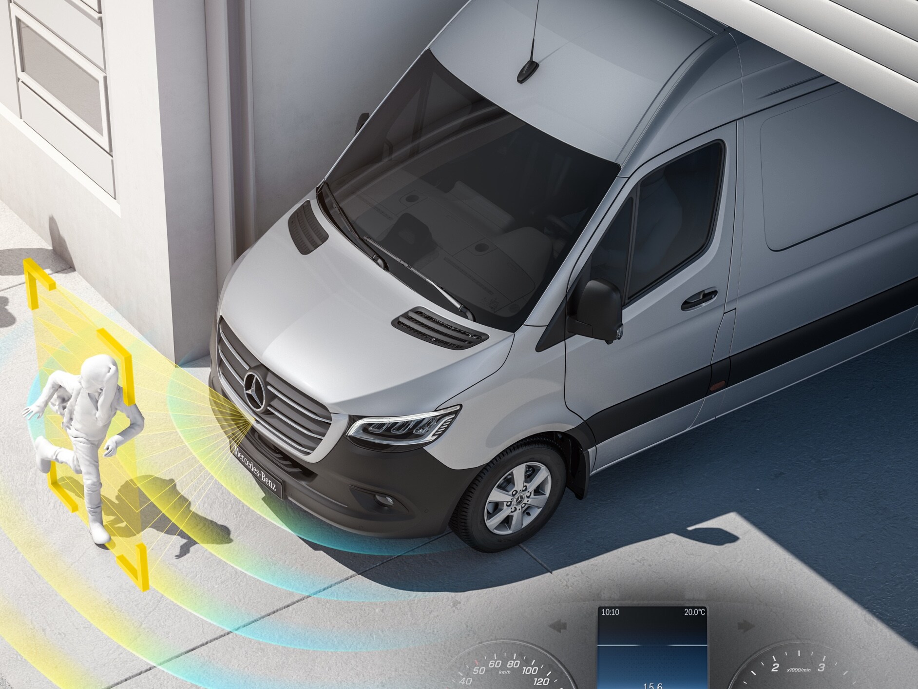 Mercedes‑Benz Sprinter cu sisteme active de asistență, detectând pietonii din apropiere pentru a spori siguranța șoferului.