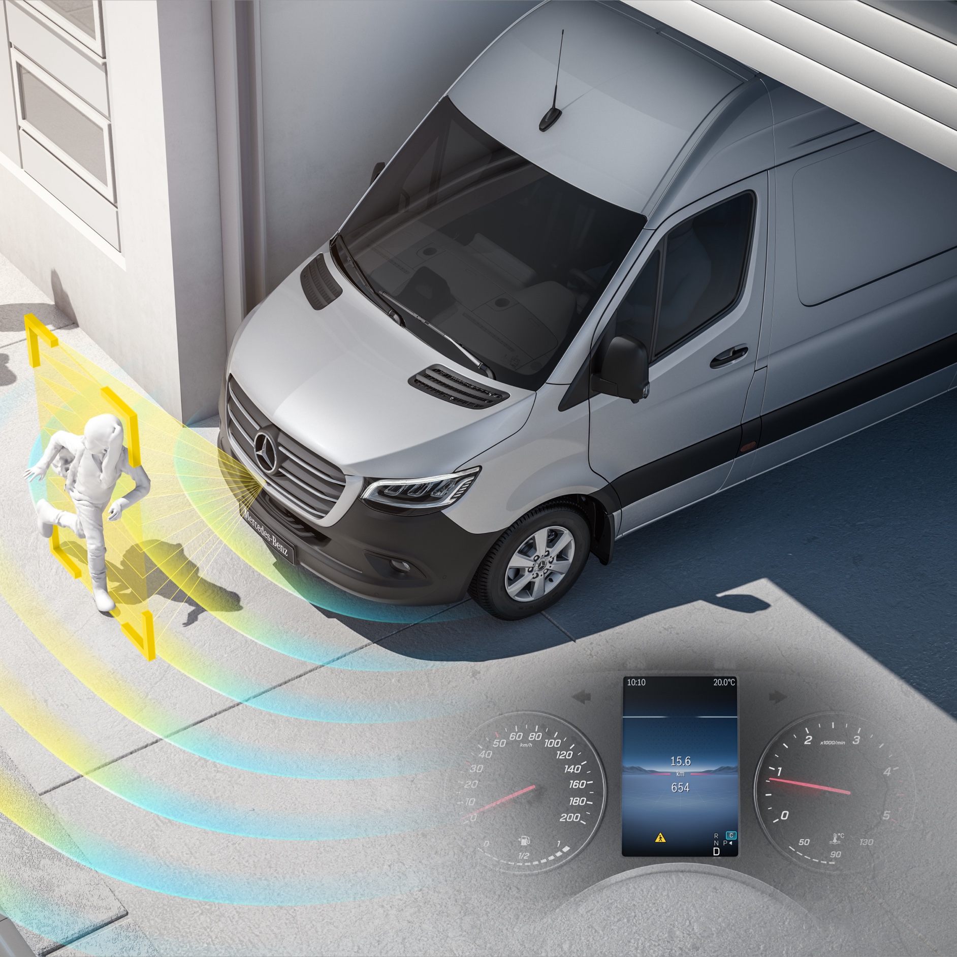 Extraopțiuni digitale | Autorulote Sprinter | Mercedes-Benz Mercedes‑Benz Sprinter cu sisteme active de asistență, detectând pietonii din apropiere pentru a spori siguranța șoferului.