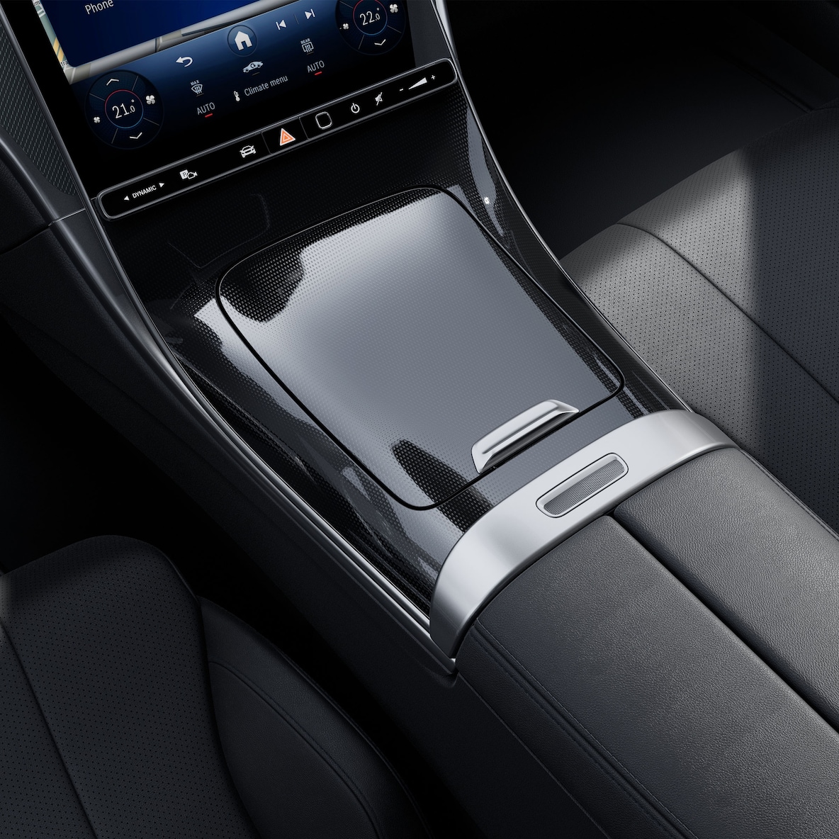 Consola centrală neagră cu aspect fin, structurat a modelului Mercedes-Benz CLE Coupé.