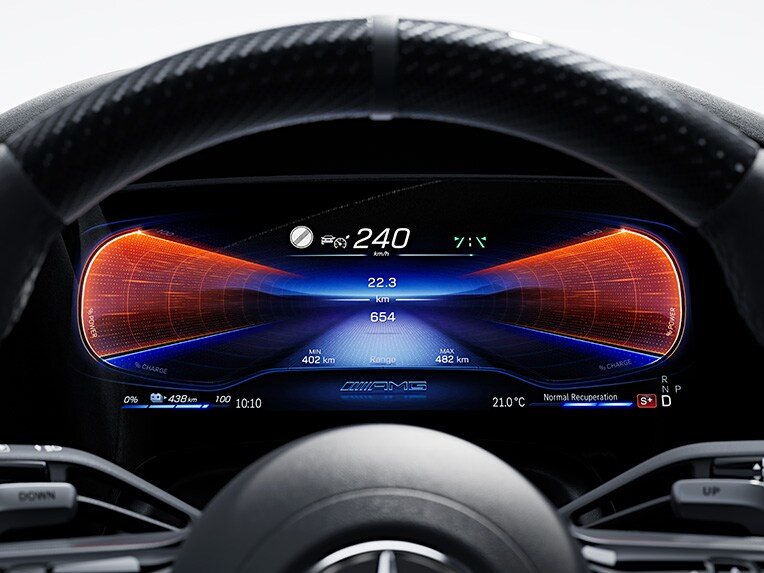 O reprezentare a pachetului AMG pentru șofer în modelul Mercedes-AMG EQE Limuzină.