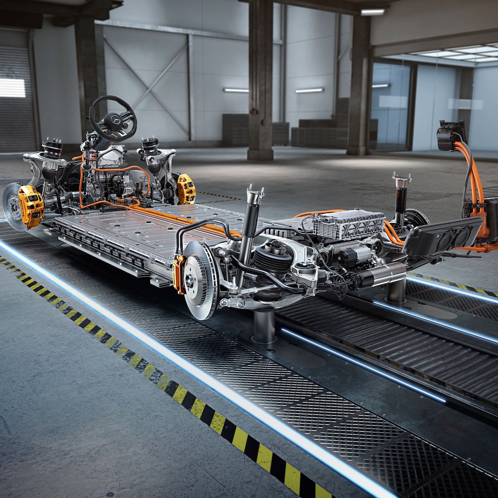 Șasiul cu grupul motopropulsor al modelului Mercedes-AMG EQE 53 4MATIC+ SUV.