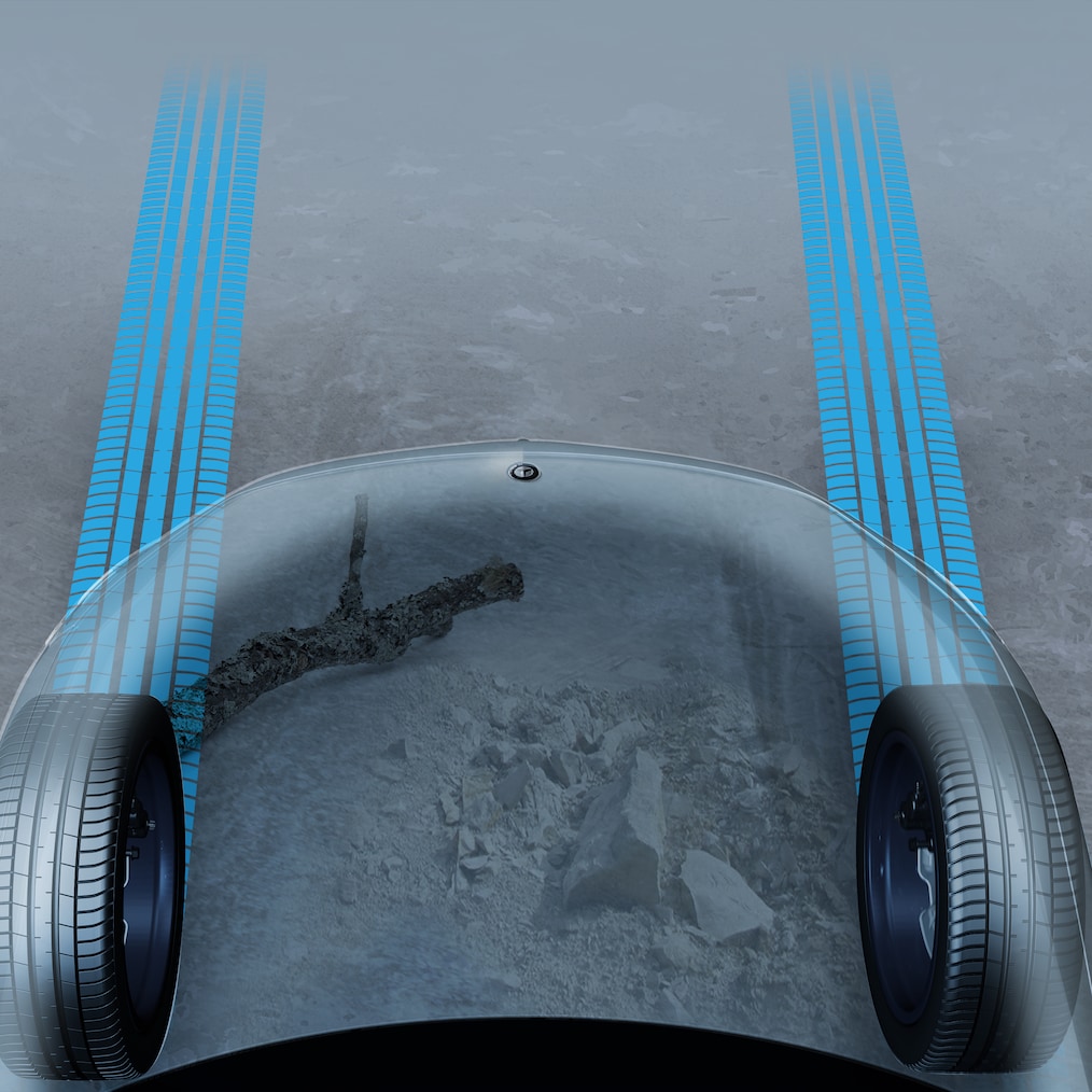 O reprezentare grafică a capotei transparente a motorului din modelul EQE SUV de la Mercedes-Benz.
