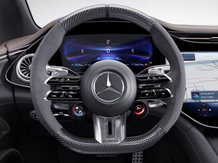 Volanul AMG Performance cu design Carbon/microfibră MICROCUT în modelul Mercedes-AMG 53 4MATIC+.