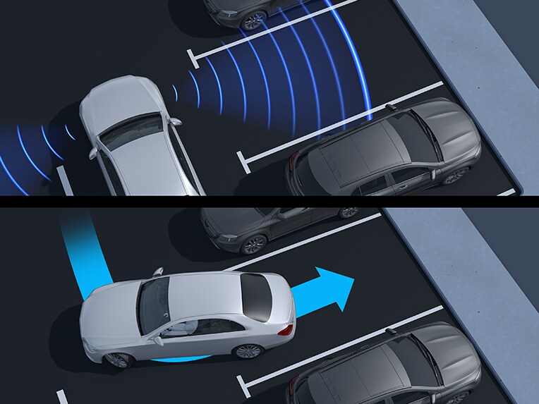 Asistentul activ la parcare cu PARKTRONIC în modelul EQS Limuzină de la Mercedes-Benz.