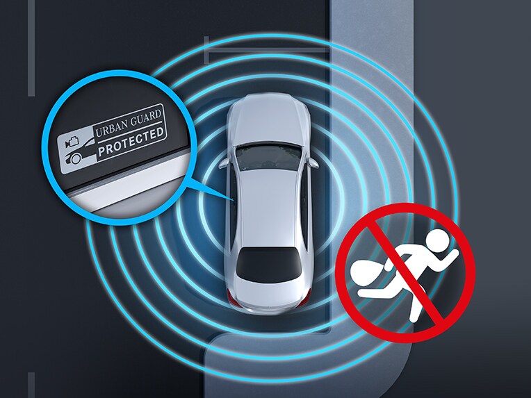 O reprezentare grafică a protecției autovehiculului GUARD 360° din modelul EQS Limuzină de la Mercedes-Benz.