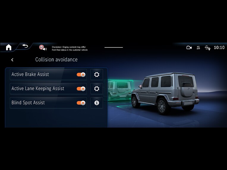 Asistent activ la frânare în modelul Clasa G complet electric de la Mercedes-Benz.