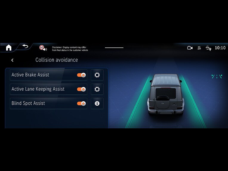 Asistentul activ pentru menținerea benzii de rulare din modelul Clasa G complet electric de la Mercedes-Benz.