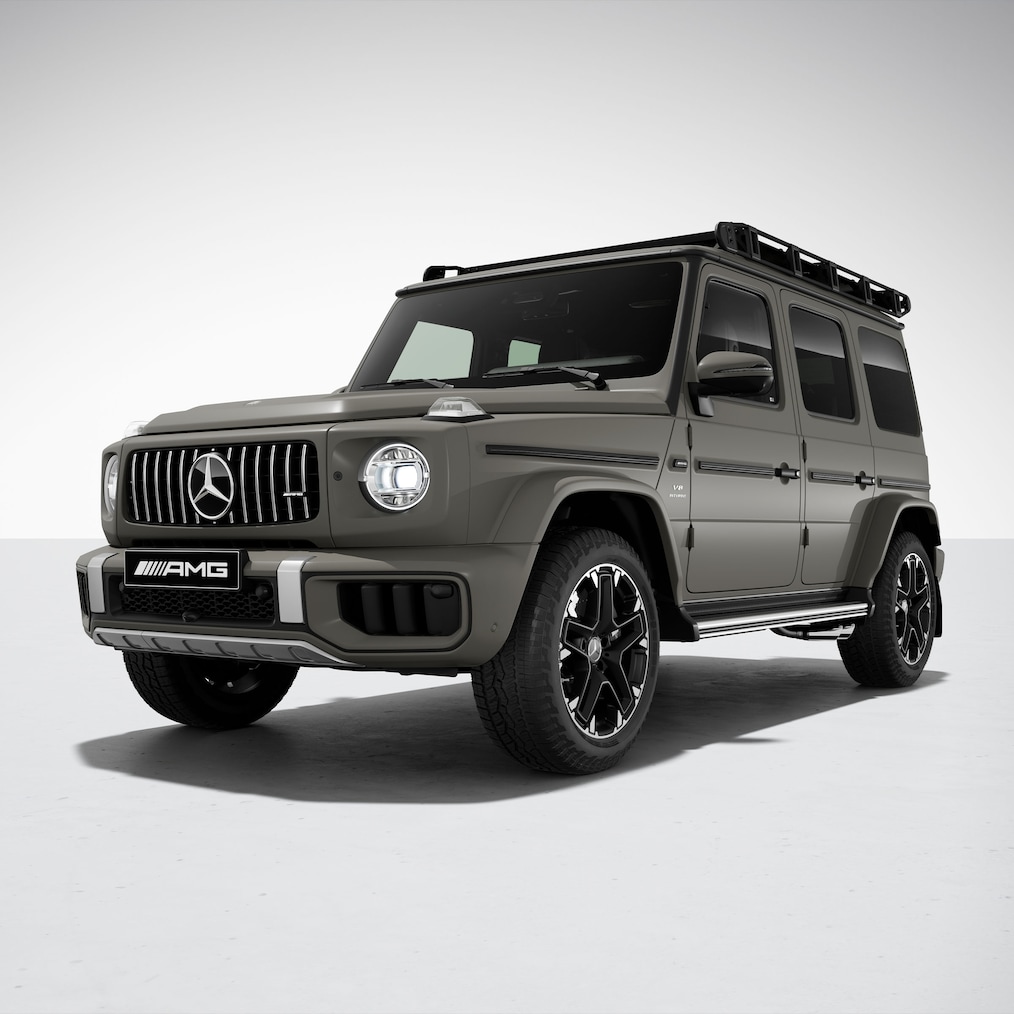 Perspectivă frontal-laterală a modelului Mercedes-AMG G 63 cu pachetul AMG Offroad PRO.