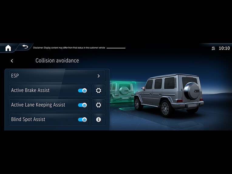 O ilustrare a modului de funcționare a asistentului activ la frânare la Clasa G de la Mercedes-Benz.