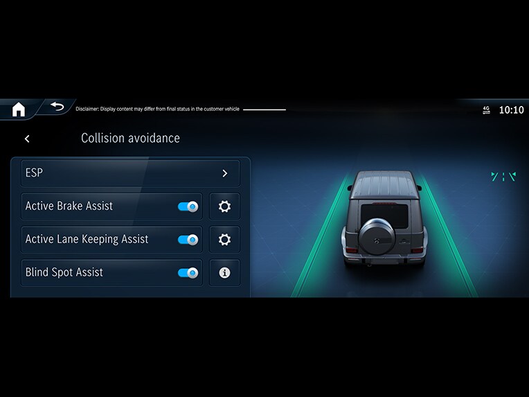 O ilustrare a modului de funcționare a asistentului activ pentru menținerea benzii de rulare la noua Clasă G de la Mercedes-Benz.