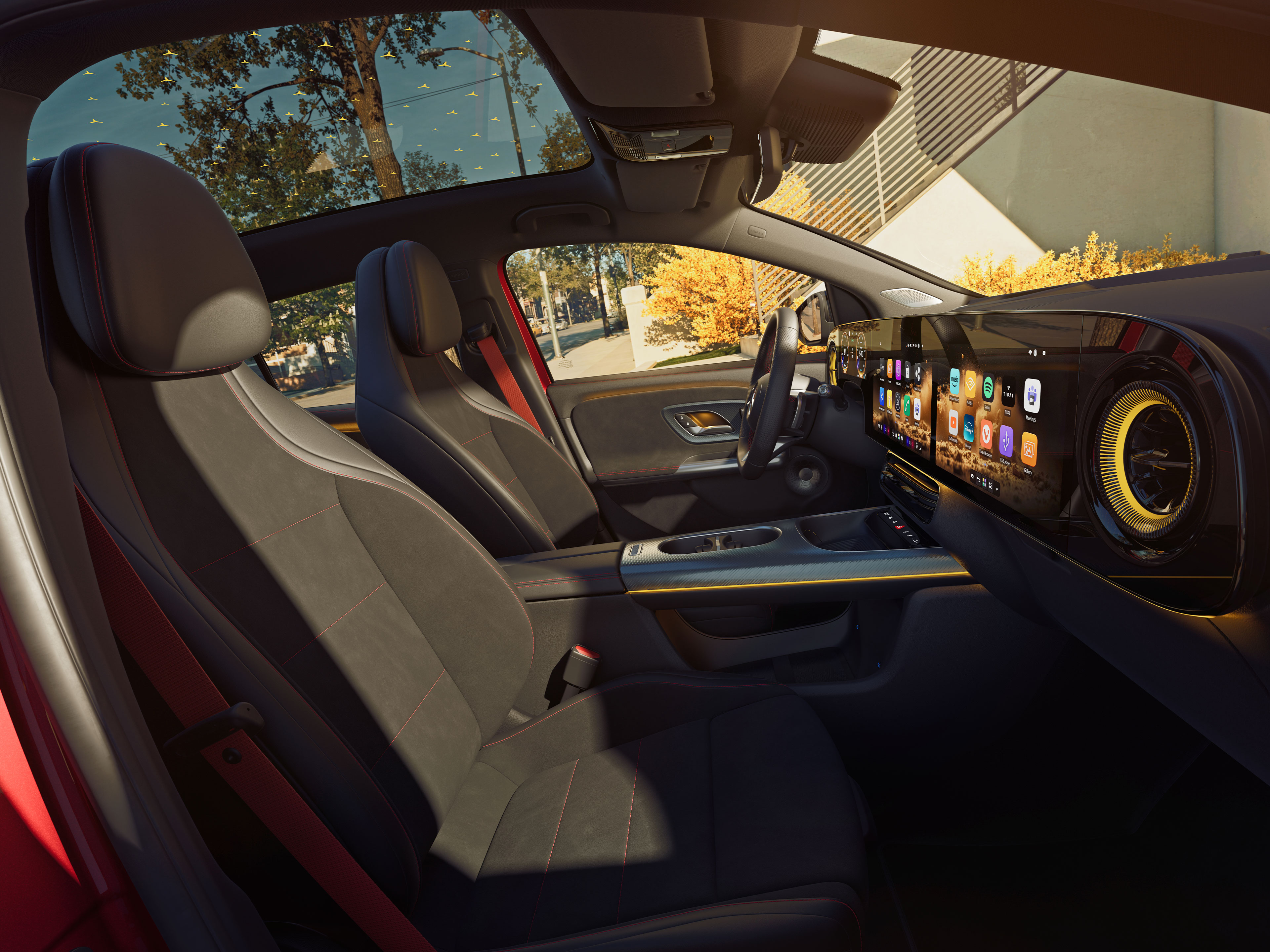 Interior | Noul GLA electric | Mercedes-Benz Interiorul noului GLA electric de la Mercedes-Benz, în prim plan cu rândurile de scaune din față și din spate, văzute prin geamul pasagerului din față.