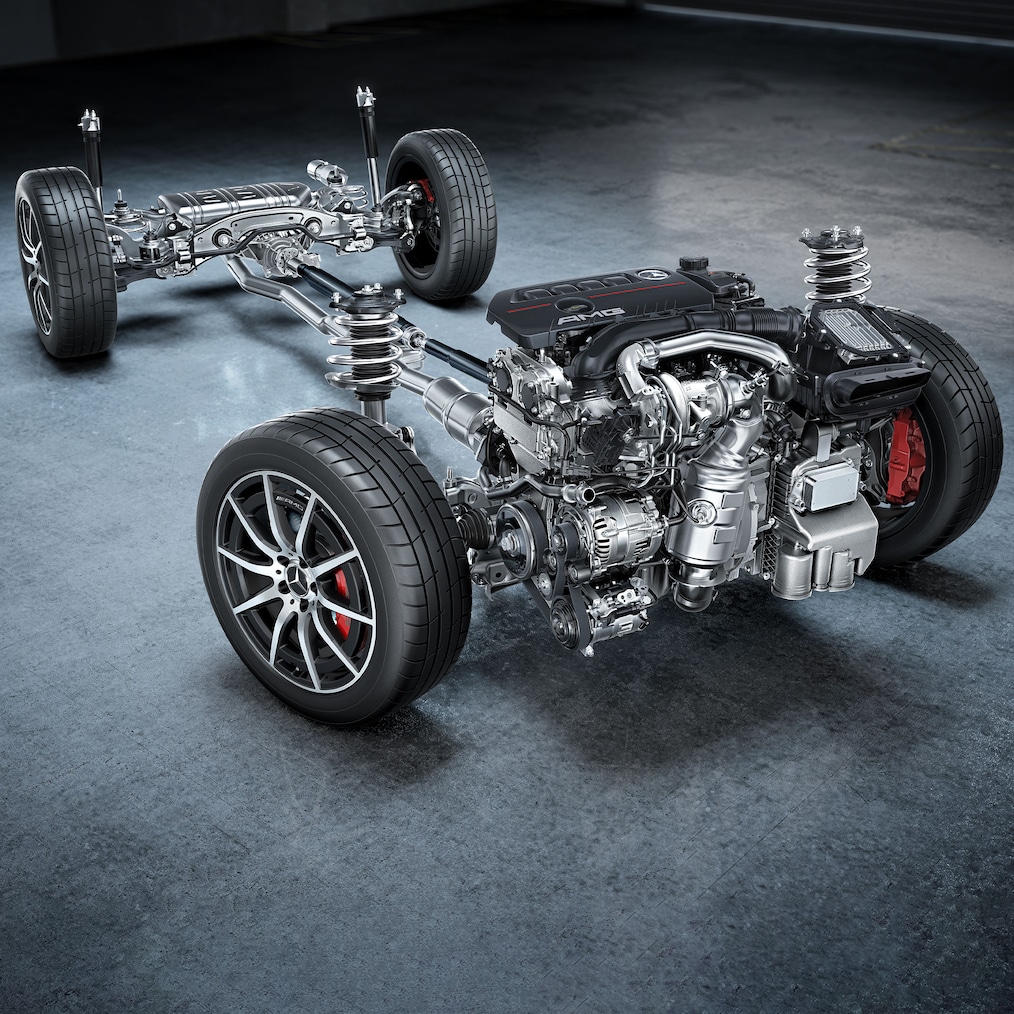 Șasiul cu grup motopropulsor al modelului Mercedes-AMG GLA 35 4MATIC.
