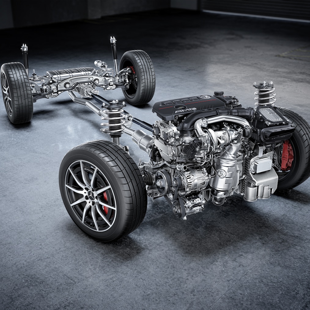  Șasiul cu grup motopropulsor al modelului Mercedes-AMG GLB 35 4MATIC.