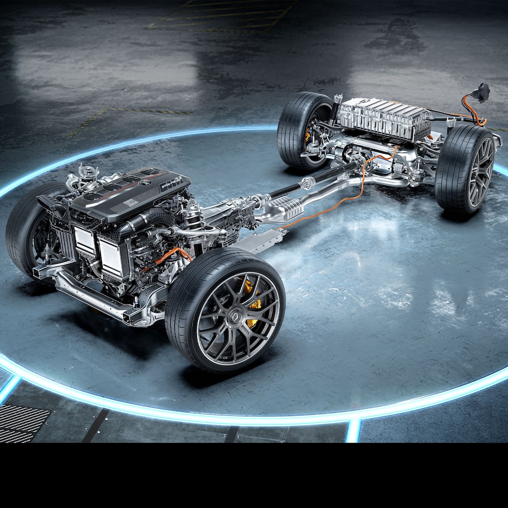 Grupul motopropulsor al modelului Mercedes-AMG GLC 63 S E PERFORMANCE Coupé.