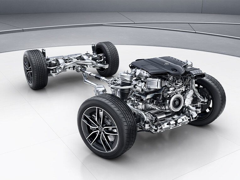 Grupul motopropulsor al modelului Mercedes-Benz GLE SUV cu tracțiune integrală 4MATIC.