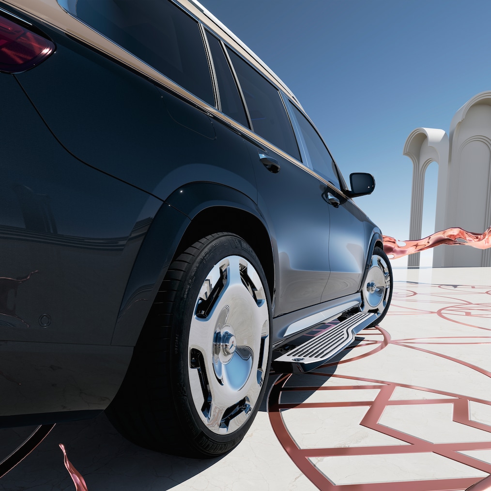 Perspectivă verticală de sus a autovehiculului cu Mercedes-Maybach GLS 600 cu ușile deschise și treptele de acces extinse.
