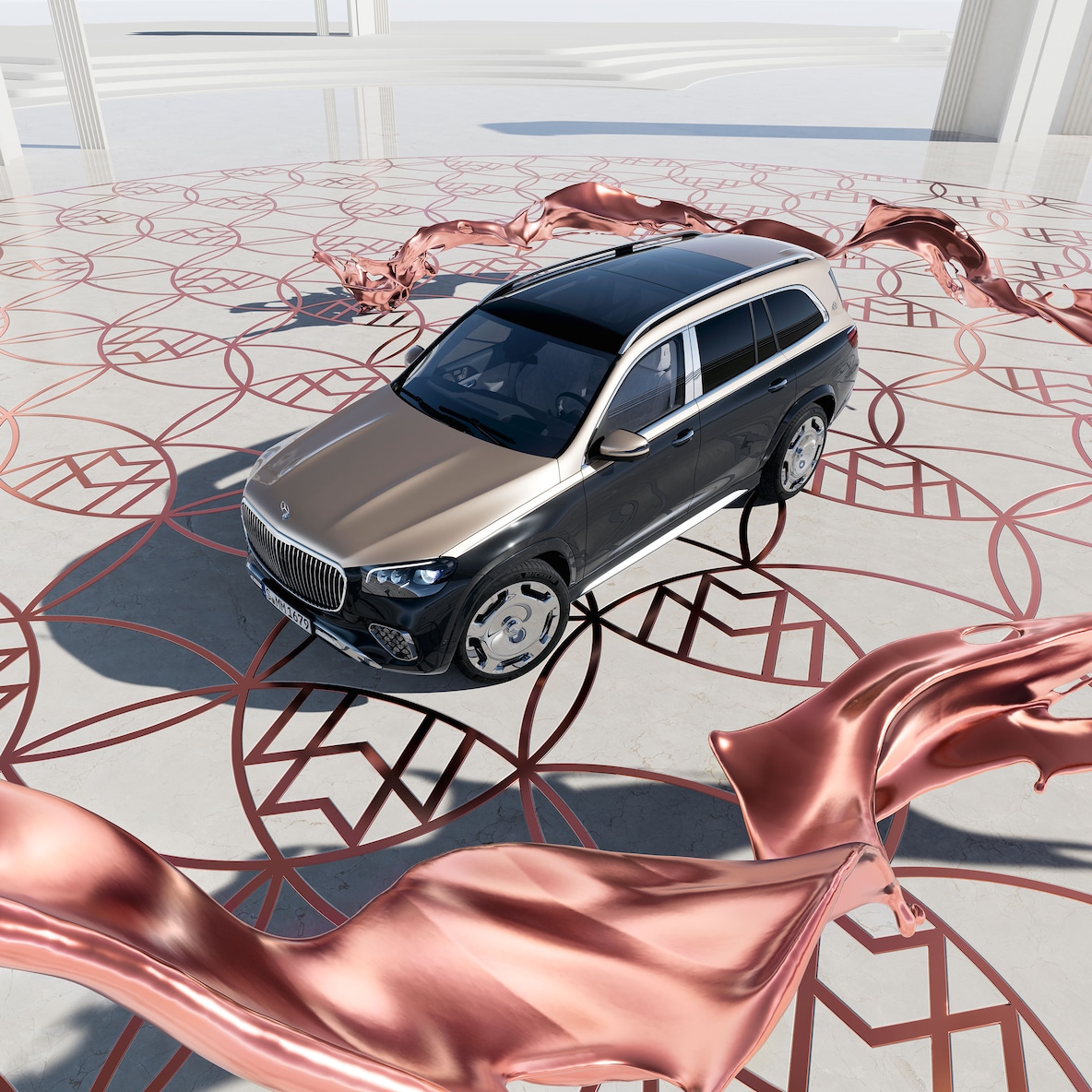 Perspectivă frontal-laterală, de sus, a modelului GLS 600 de la Mercedes-Maybach.