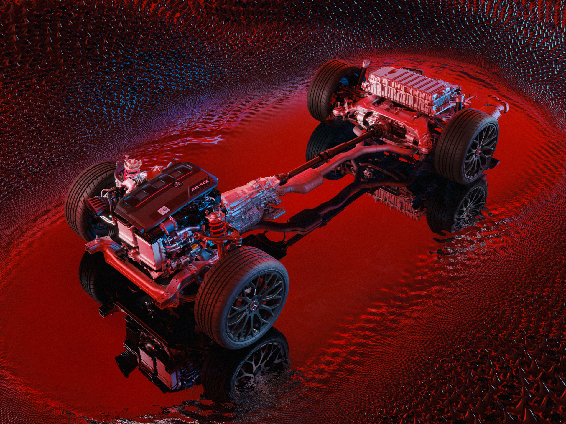 Arhitectură hibridă | Elemente esențiale | Mercedes-AMG O imagine tehnică a arhitecturii hibride de la Mercedes-AMG.