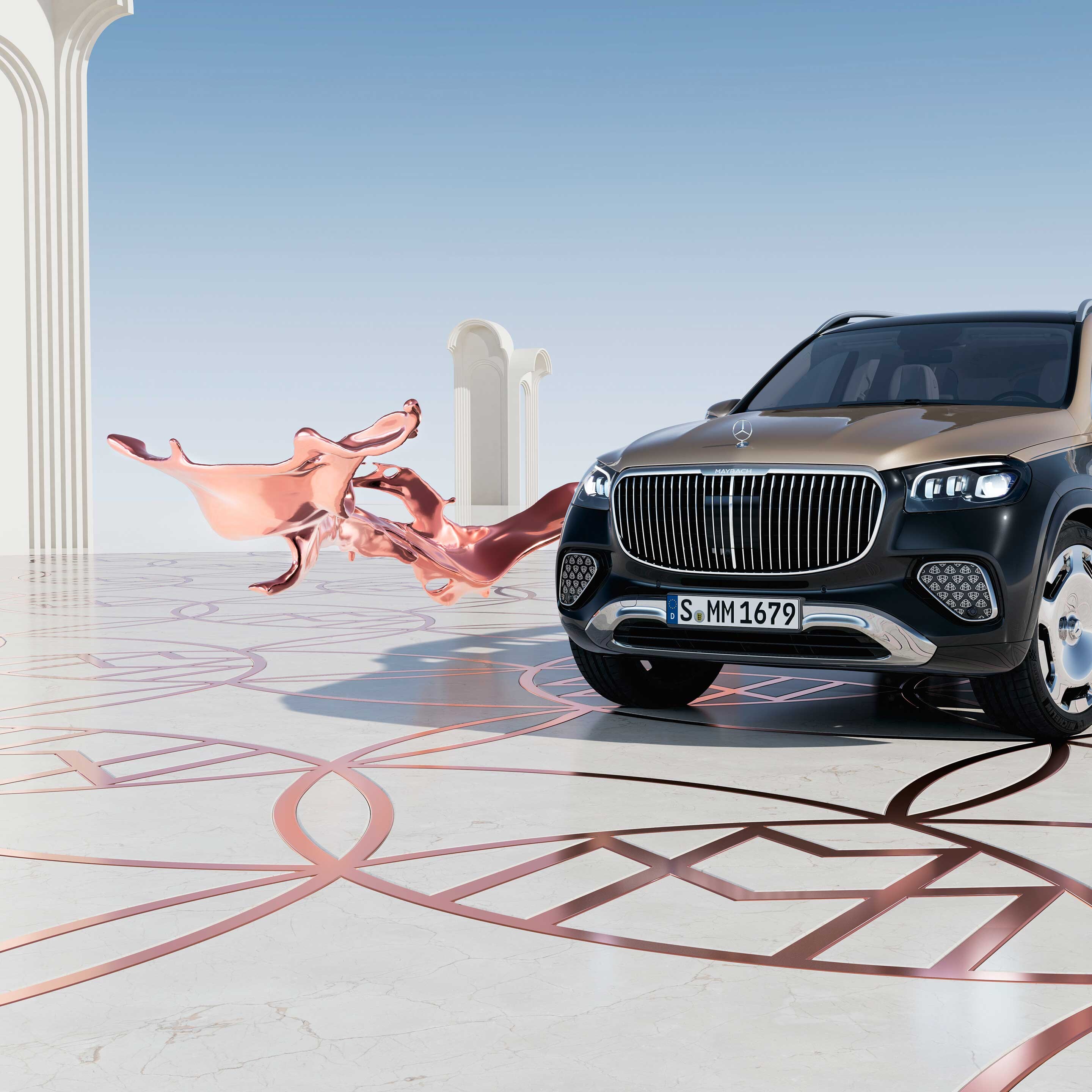 Modelul Mercedes-Maybach GLS SUV dintr-o perspectivă frontală.