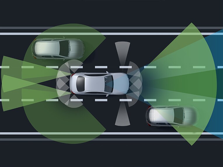 Un afișaj al pachetului Plus de asistență la rulare pe display-ul șoferului al modelului Mercedes-Maybach EQS SUV.