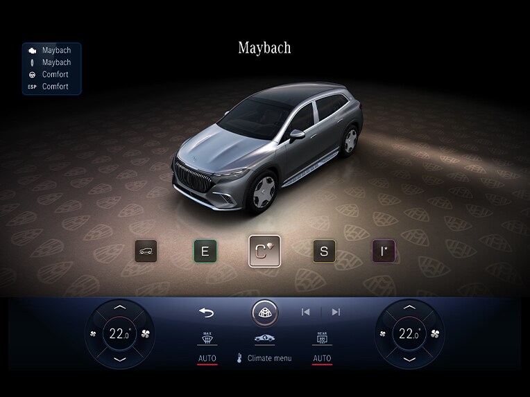 Display-ul central din habitaclul modelului Mercedes-Maybach EQS SUV afișează programul de rulare MAYBACH.
