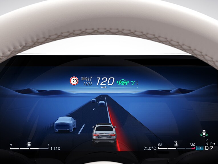 Display pe ecran al asistentului activ pentru menținerea benzii de rulare din modelul Mercedes-Benz clasa S limuzină lungă.