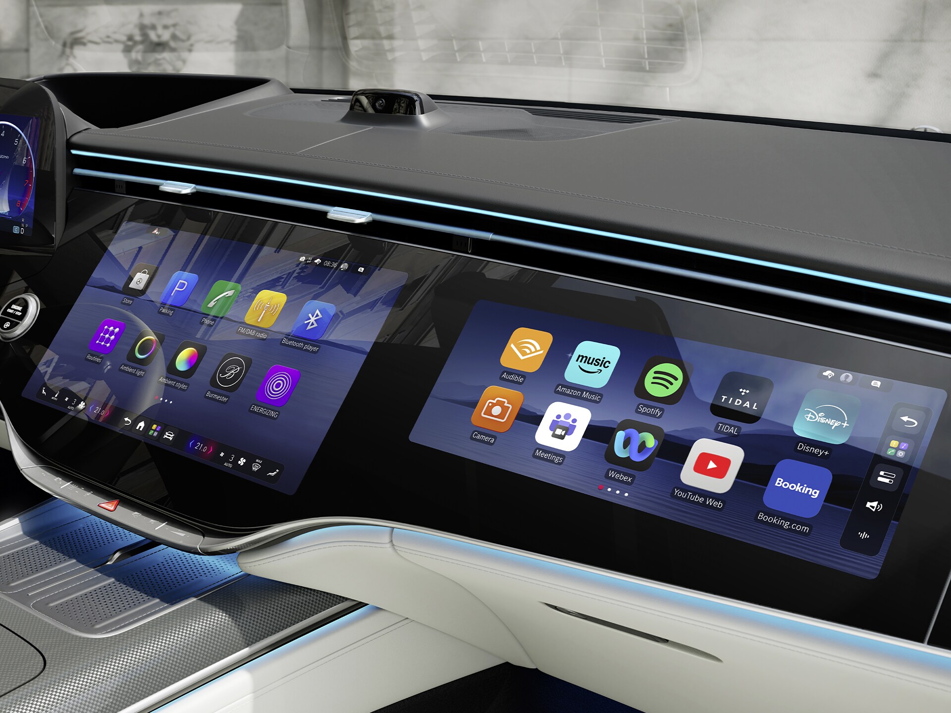 MBUX Superscreen din cockpit-ul noului model Clasa S limuzină lungă, cu MB.OS de la Mercedes-Benz.