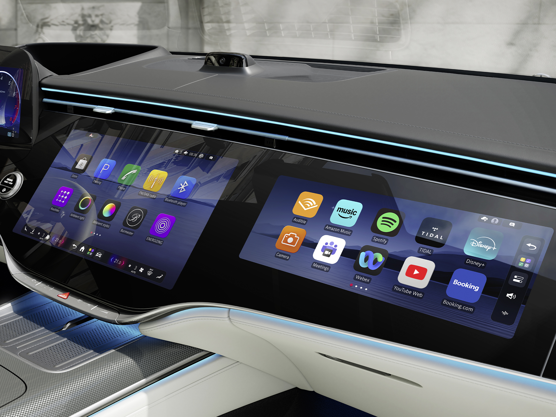 MB.OS | Clasa S limuzină | Mercedes-Benz MBUX Superscreen din cockpit-ul noului model Clasa S limuzină lungă, cu MB.OS de la Mercedes-Benz.