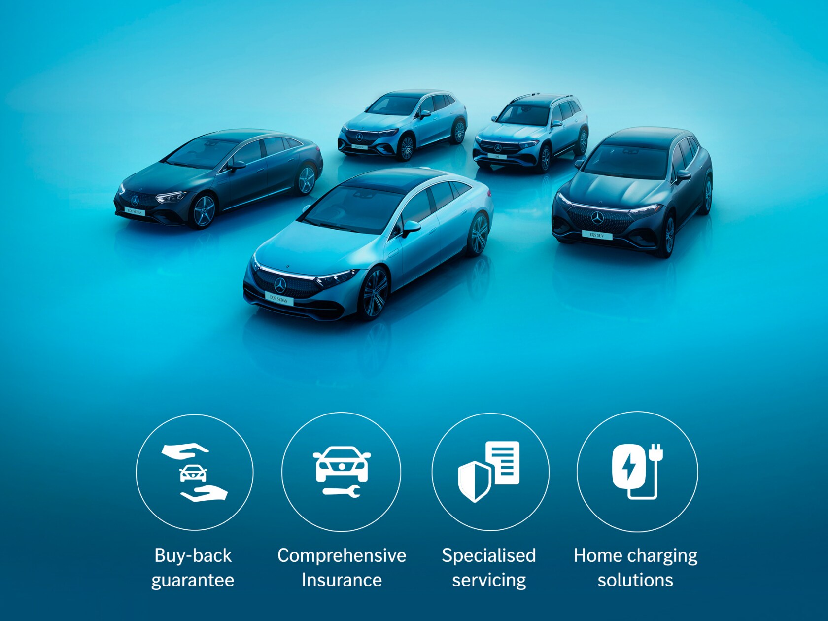 Imagine care prezintă o gamă de autovehicule electrice Mercedes-Benz și avantajele conducerii electrice